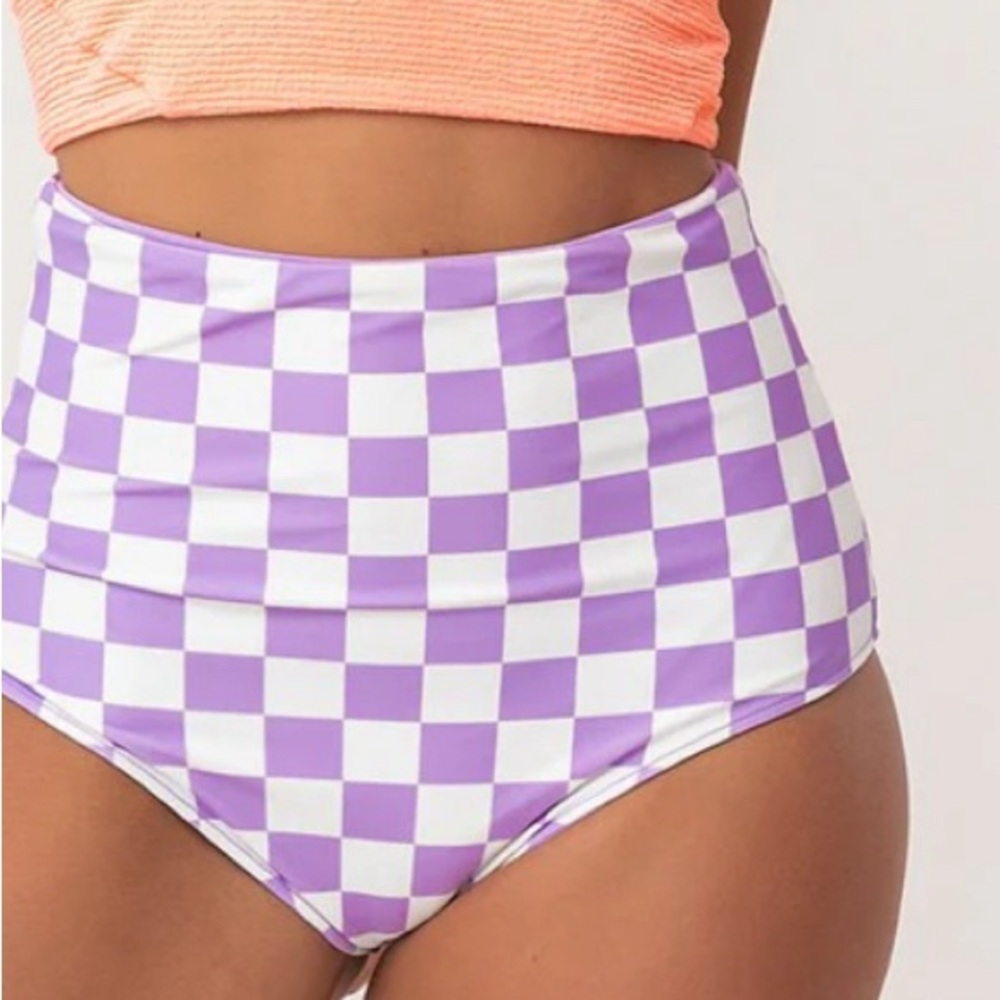 Lux Purple Check Reversible Swim Bottoms | High waisted